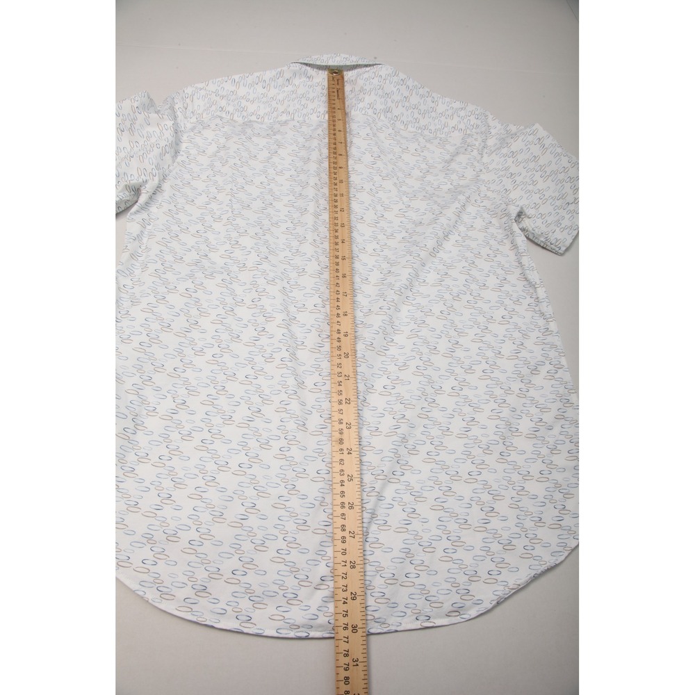 BUGATCHI Men's L White Blue Brown Oval Pattern 8-Way Stretch Short Sleeve Shirt - Picture 10 of 12